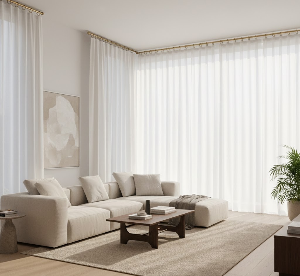 Modern living room curtain installation