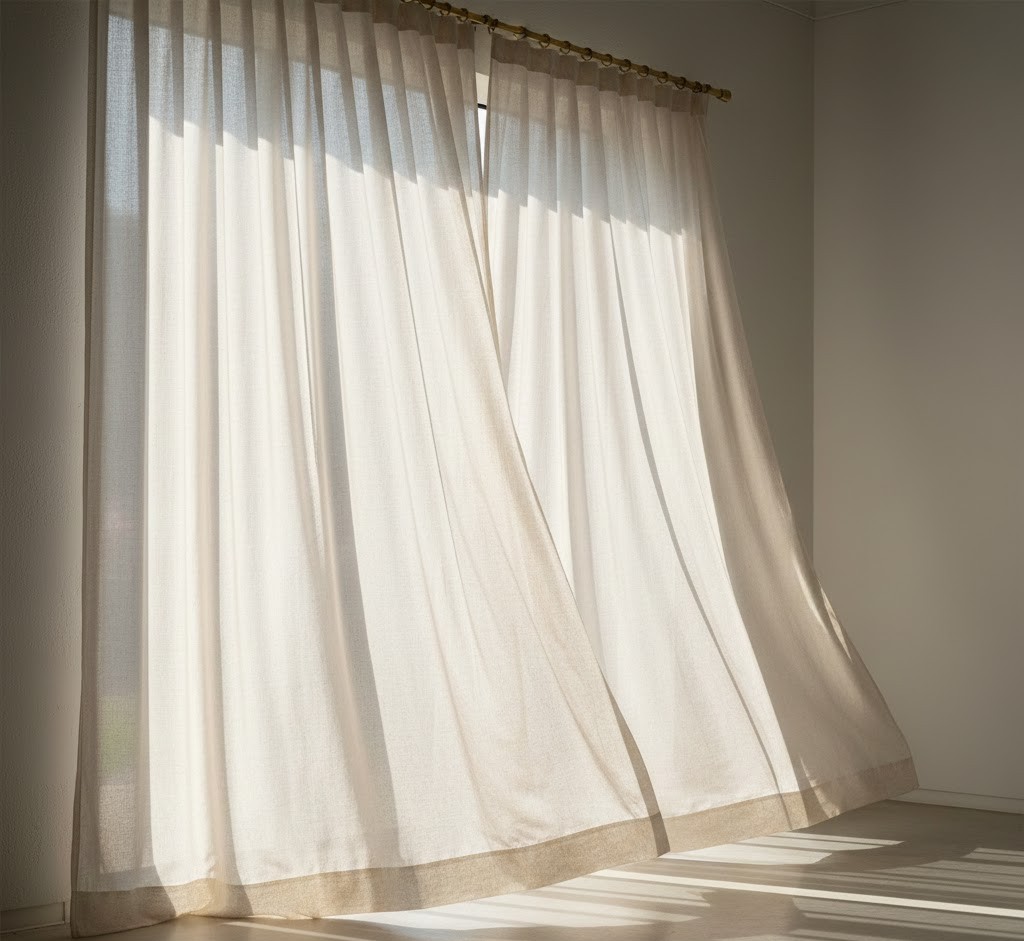 Floor-to-ceiling sheer linen curtains with custom brass hardware
